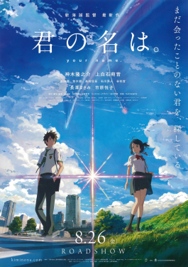 Poster for Your Name featuring the two protagonists under a bright sky.